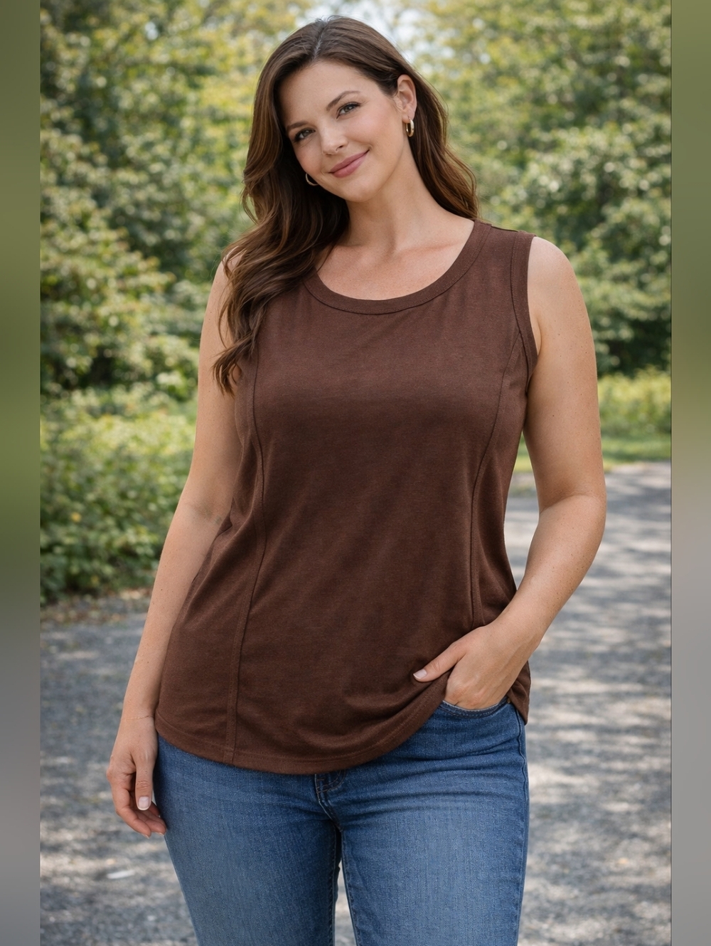 Women’s Brown Sleeveless Tank Top Size Medium Soft Stretch Basic Layering‎ Tee